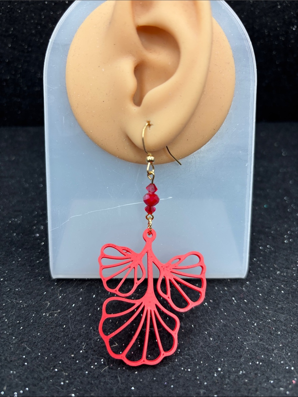 Crimson Fan Leaf Earrings | Red Ginkgo Leaf Dangle Earrings with Crystal Beads - Picture 3 of 4